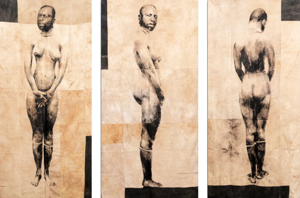 Collection anthropologique du Prince Bonaparte, Triptyque - Série Barnum, 2019. Acrílico, baño de elixir sobre tela, Galería Cécile Fakhoury (Abidjan, Costa de Marfil).